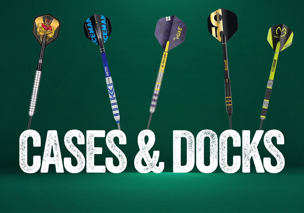 Five decorated darts are displayed vertically above bold white text that reads “CASES & DOCKS” on a dark green background.