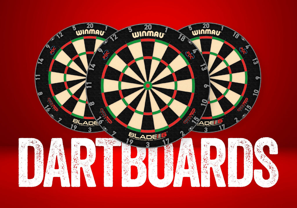 Three dartboards are shown overlapping each other on a red background, with the word “DARTBOARDS” in bold white letters at the bottom.