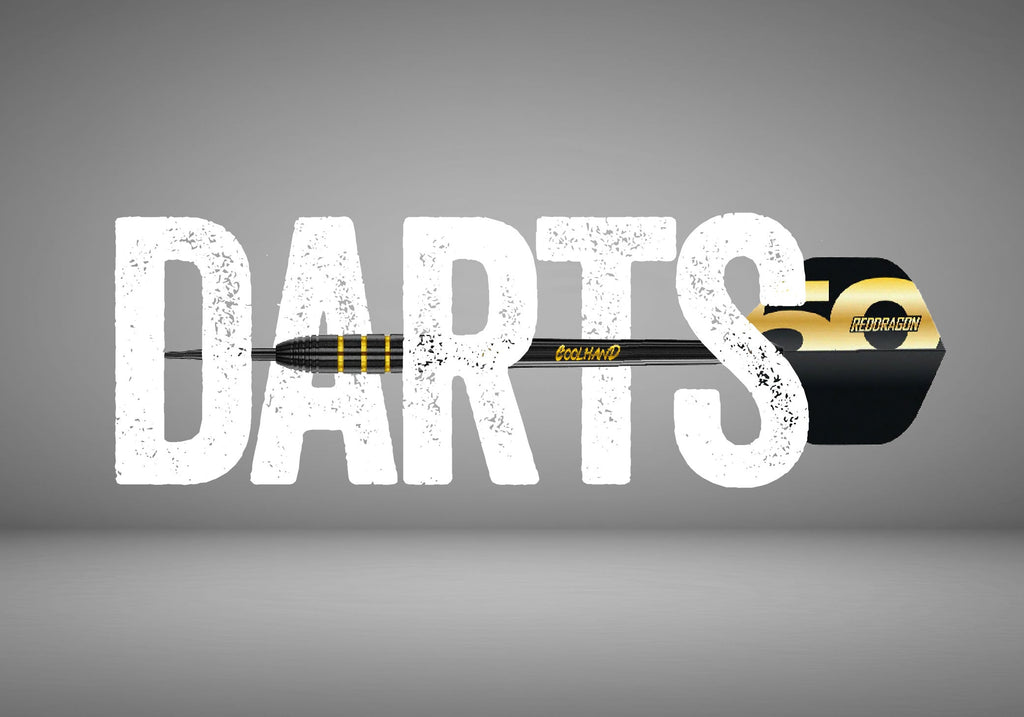 A black and gold dart overlaps with large, bold white letters spelling DARTS on a gray background.