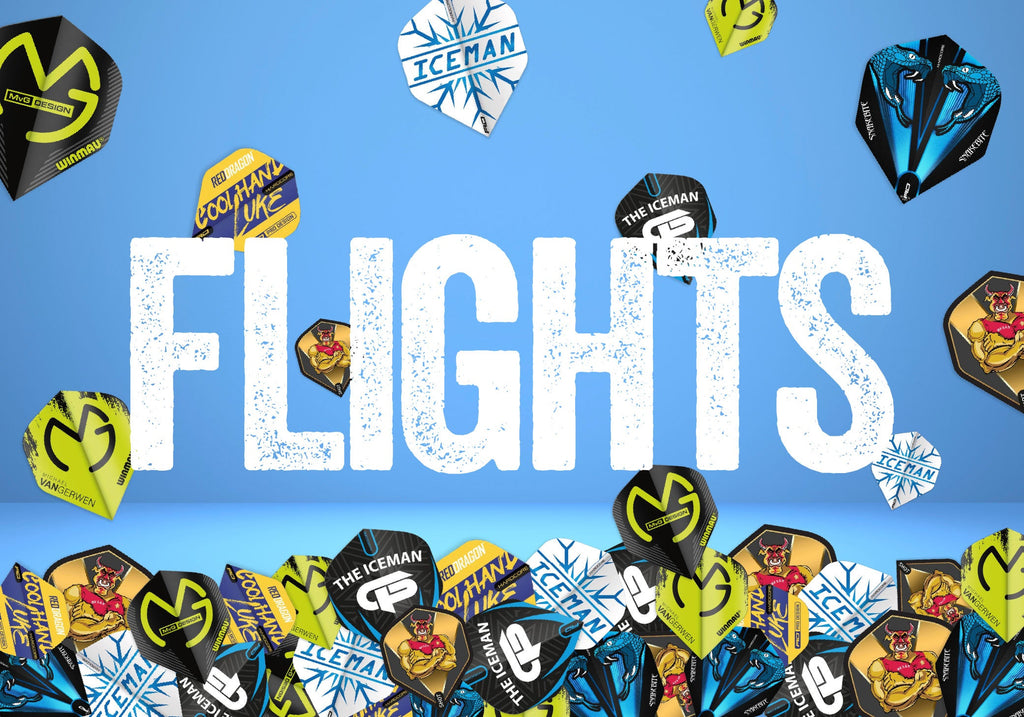 The word FLIGHTS in bold white letters on a blue background, surrounded by various colorful dart flights with different designs, including logos, bears, and the word ICEMAN.