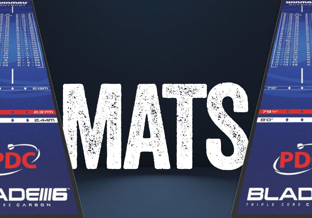 Two blue dart mats with measurement markings and PDC logos are angled on each side of the image, with the bold word MATS in white, textured letters in the center.