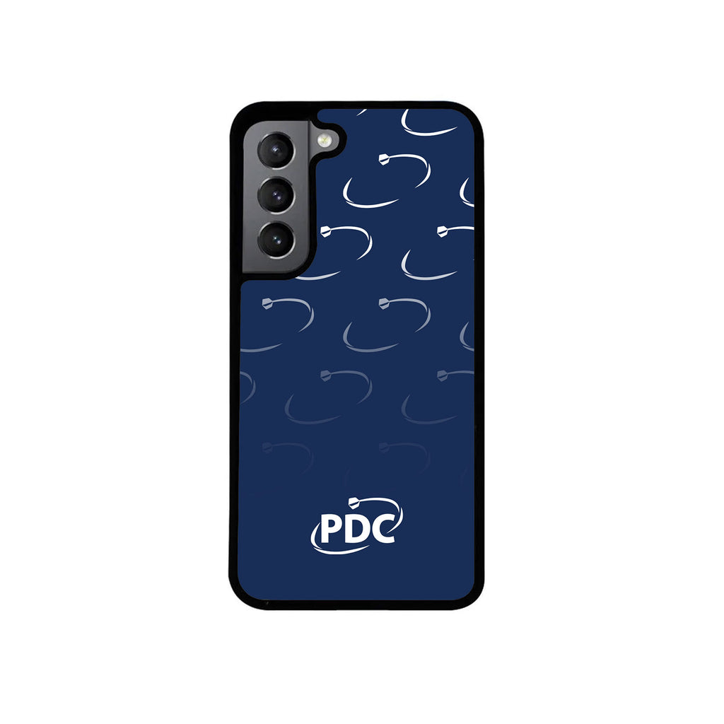 The PDC Dart Circle Phone Case by Professional Darts Corporation is dark blue with a white abstract dart motif and the white PDC Dart logo at the bottom center. The black camera area contrasts against a plain white background.