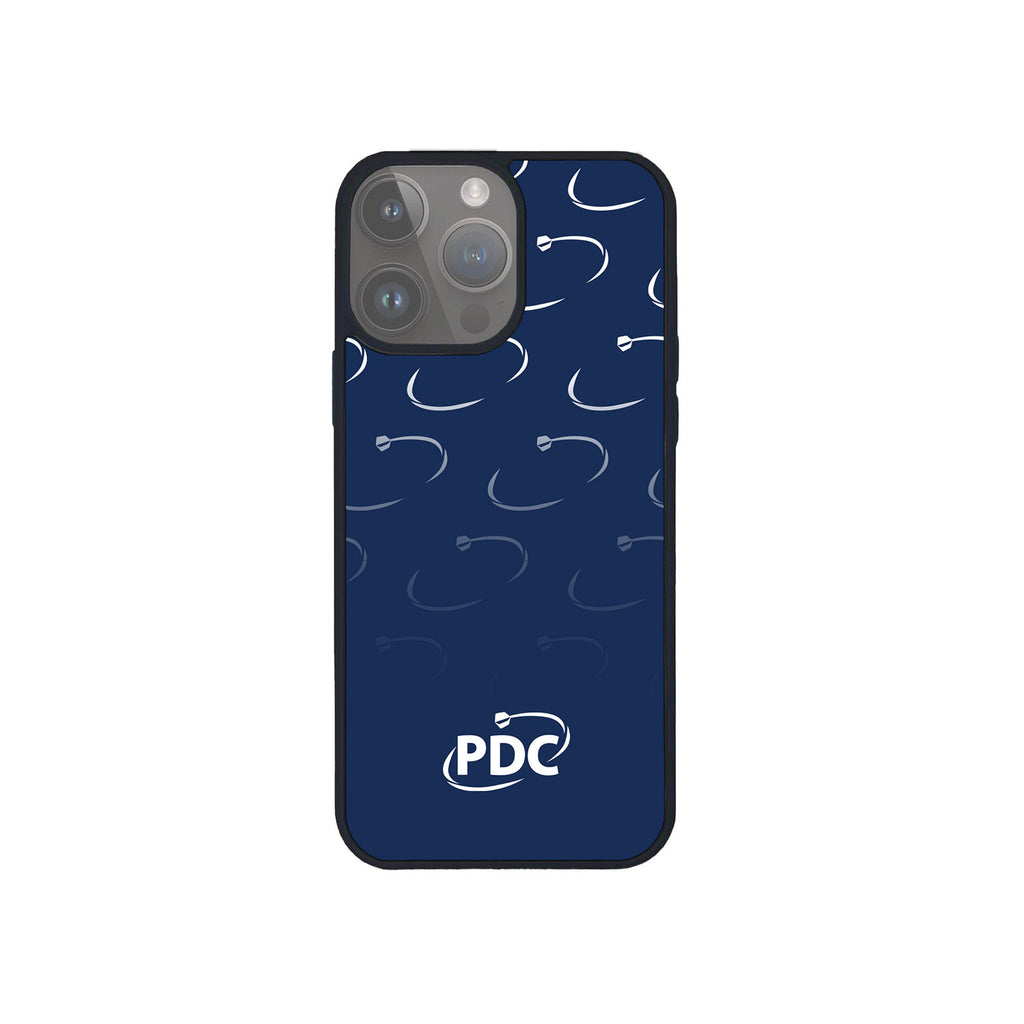 The PDC Dart Circle Phone Case by Professional Darts Corporation features a navy blue design with a white abstract swoosh, the letters PDC near the bottom center, and a subtle dart motif. Shown on a smartphone with multiple camera lenses.