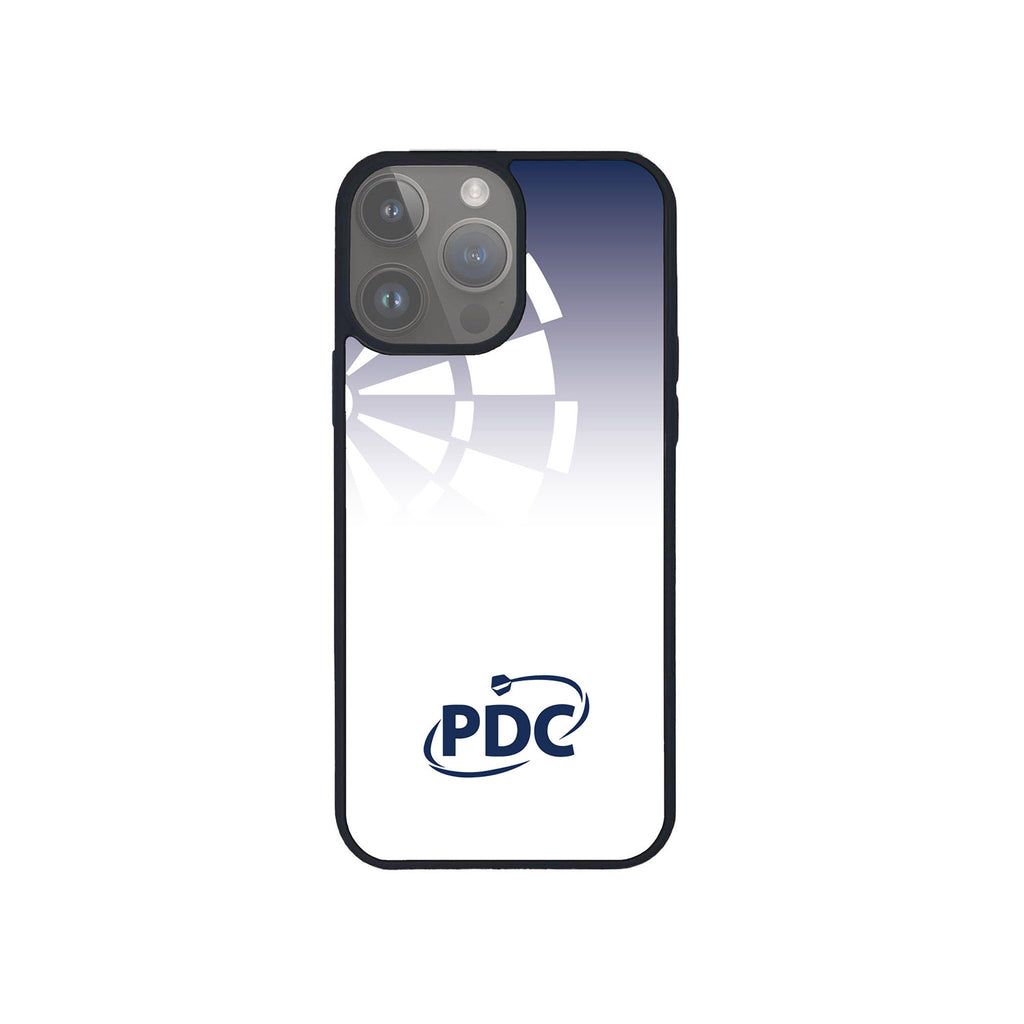 Display your passion for darts with the PDC Fade Dartboard Phone Case by Professional Darts Corporation, featuring a blue-to-white gradient, partial dartboard at the top, and the classic PDC logo with a dart graphic at the bottom center.