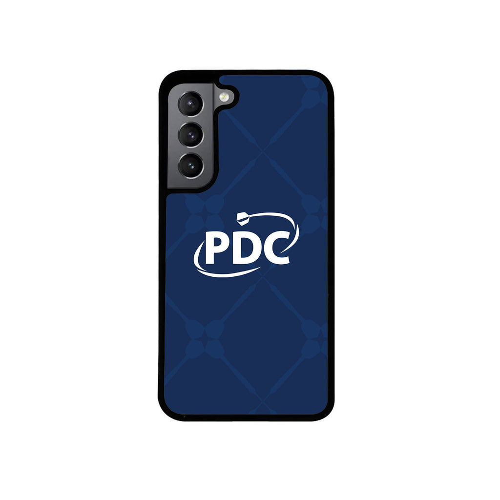 The PDC Dart Cross Phone Case by Professional Darts Corporation features a dark blue patterned background, the white PDC Dart logo, a stylized dart graphic at the center, and a black camera area with three lenses.