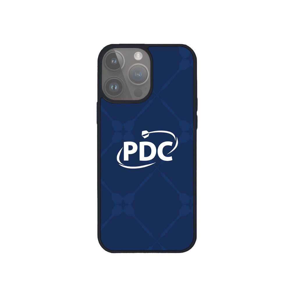 The PDC Dart Cross Phone Case by Professional Darts Corporation features a dark blue design with a subtle pattern and bold white PDC Dart logo plus arrow, all centered on the back.