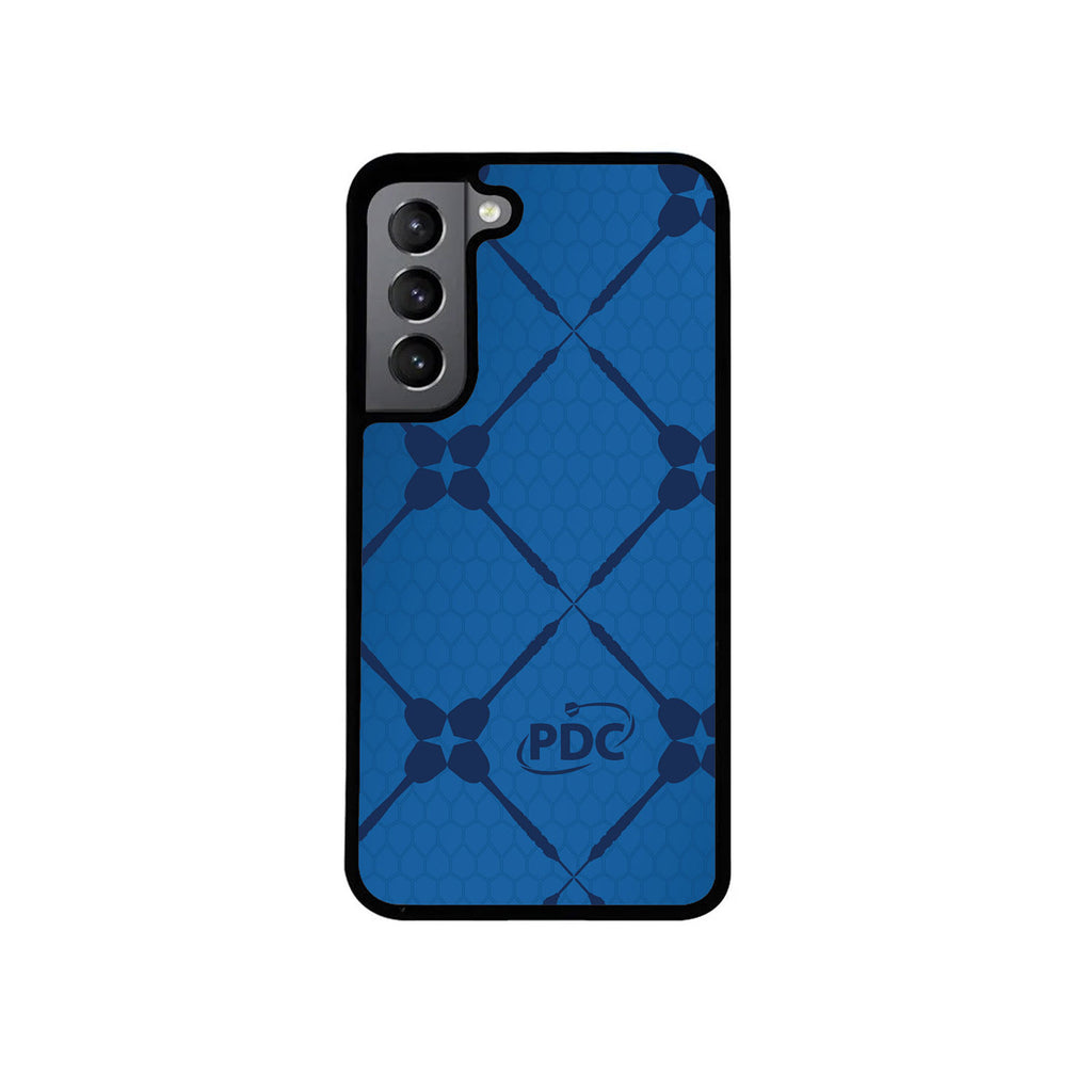 The PDC Blue Dart Cross Phone Case by Professional Darts Corporation features a blue geometric pattern with diamond shapes, small circles, "PDC" centered, black edges, and cutouts for three rear camera lenses.