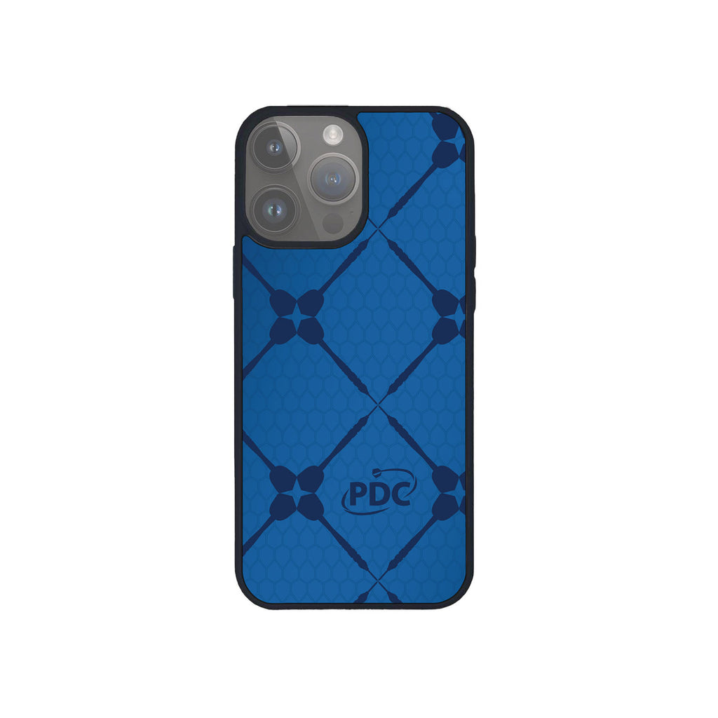 The PDC Blue Dart Cross Phone Case by Professional Darts Corporation features a blue geometric diamond pattern with subtle texture, the “PDC” logo at the bottom center, black borders, and is designed for phones with three cameras.