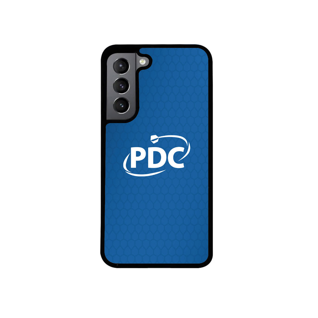 The Professional Darts Corporation PDC Blue Phone Case showcases a blue textured design with a white PDC logo and arrow, combining stylish protection for your phone against a crisp white background.