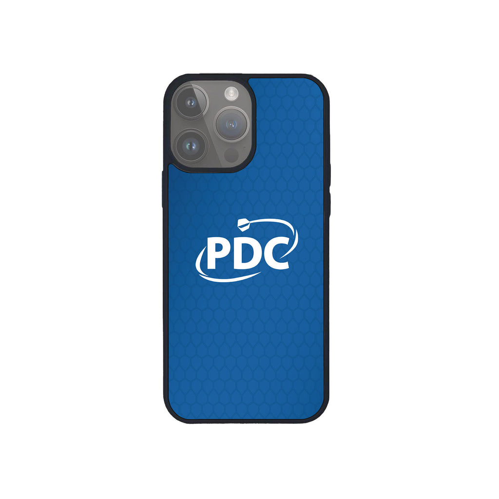 Protect your phone with the PDC Blue Phone Case from Professional Darts Corporation, featuring a sleek hexagonal pattern, white PDC logo with swoosh in the center, and designed for phones with three rear cameras.