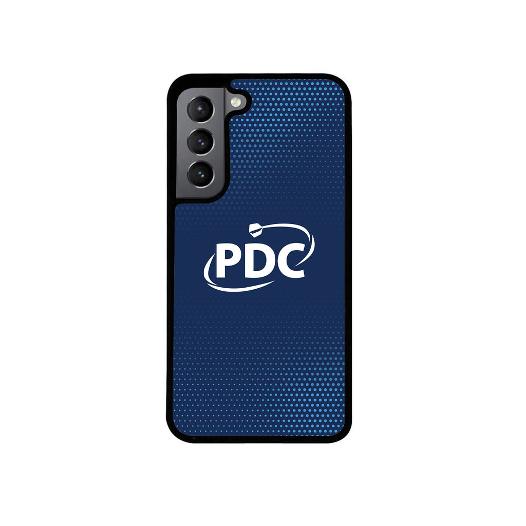 The PDC Dots Phone Case by Professional Darts Corporation features a dark blue dotted gradient, white PDC logo with dart graphic, and black protective edges. Designed to fit phones with a triple rear camera.