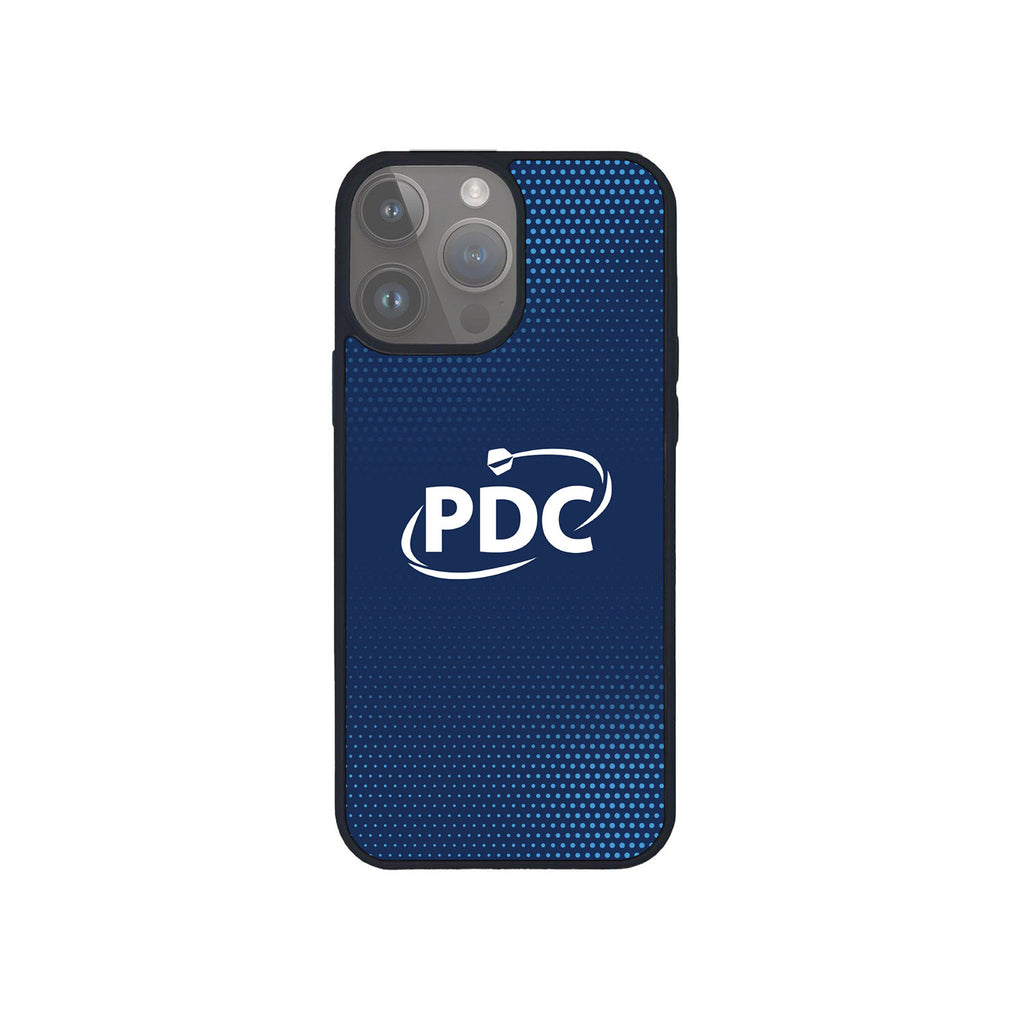 The PDC Dots Phone Case by Professional Darts Corporation features a blue design with small dots and a white PDC logo with a swoosh, offering expert protection and sleek style for your smartphone against a plain white background.