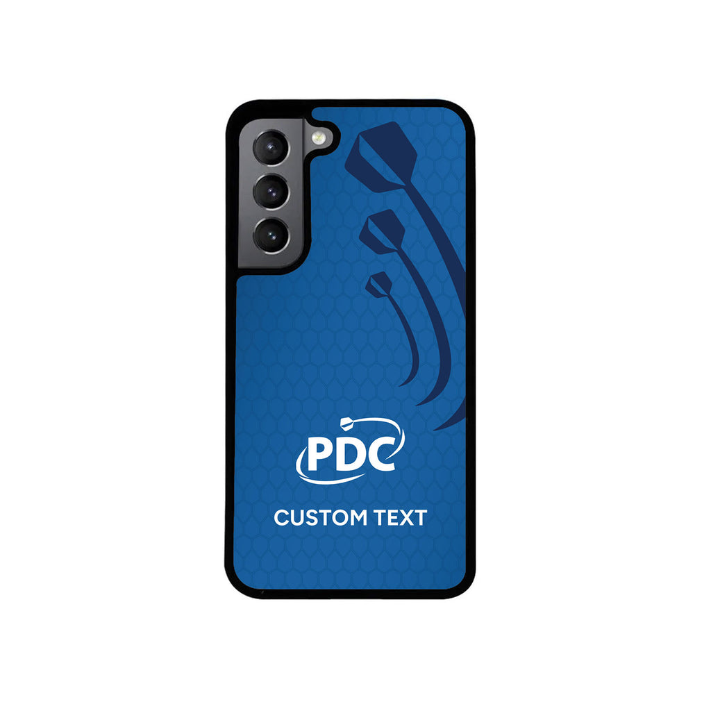 The PDC Blue Dart Custom Phone Case by Professional Darts Corporation features a subtle pattern, logo, three stylized darts, and customizable text. It’s designed for phones with three camera lenses.