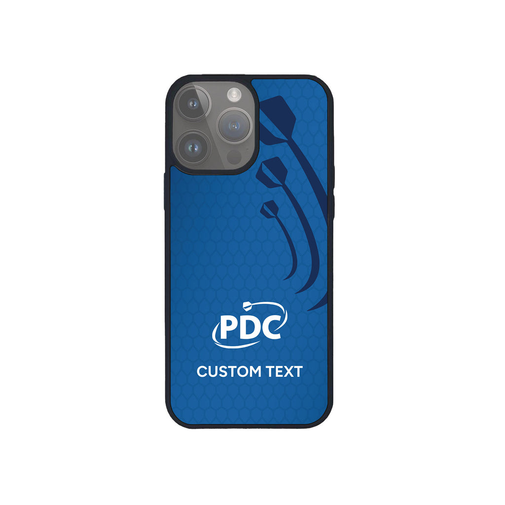 The PDC Blue Dart Custom Phone Case by Professional Darts Corporation features a blue hexagonal pattern, PDC logo, customizable white text, and a subtle dark blue dart design inspired by professional darts on the right side.