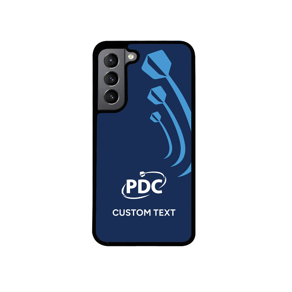 The PDC Navy Dart Custom Phone Case by Professional Darts Corporation features a navy blue design with three stylized darts, the white PDC logo, and customizable text. Enjoy durable protection and personalized style with this unique accessory.