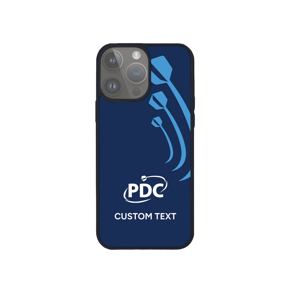 The PDC Navy Dart Custom Phone Case by Professional Darts Corporation features three light blue darts, the PDC logo, and customizable text below, combining style with durable protection for your device.