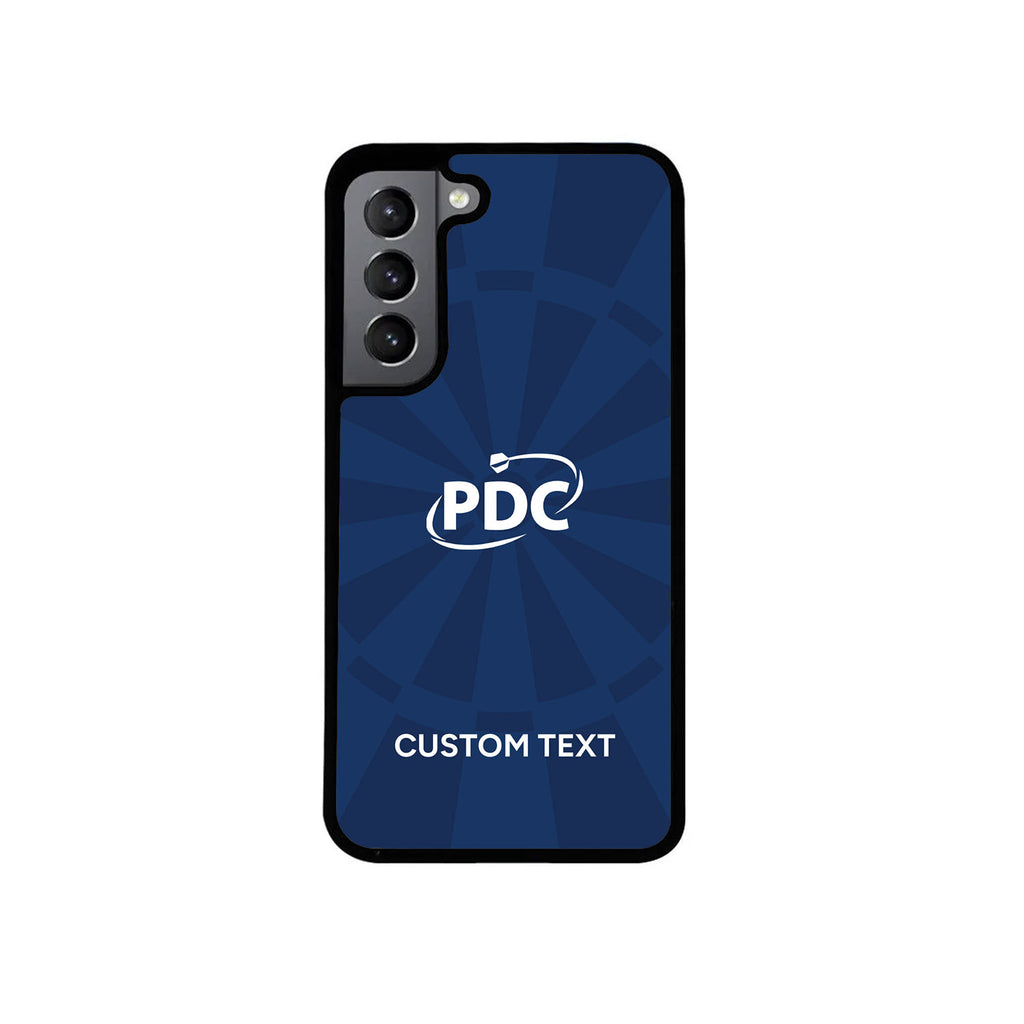The PDC Navy Custom Phone Case by Professional Darts Corporation features a dark blue dartboard pattern, central white logo, and a customizable text area labeled CUSTOM TEXT at the bottom for stylish, durable protection.