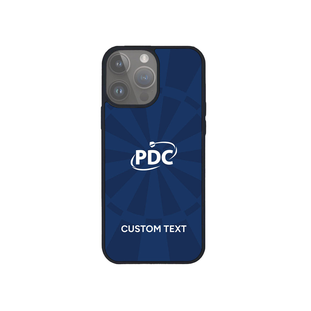 The PDC Navy Custom Phone Case by Professional Darts Corporation features a dark blue background, the white PDC logo above your custom text, and a visible camera cutout for durable phone protection.