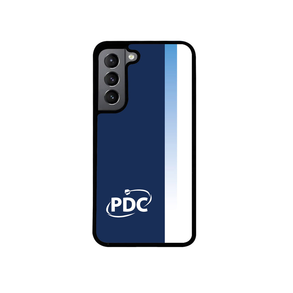 The PDC Stripe Phone Case by Professional Darts Corporation has a dark blue to white vertical gradient, the PDC logo with a circular arrow, black edges, three camera cutouts, and offers durable style and protection with a professional look.