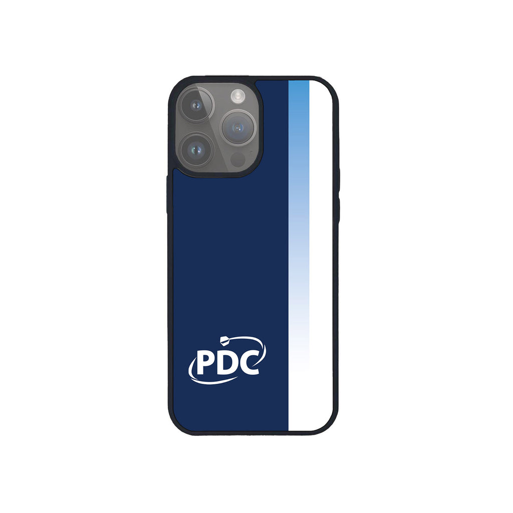 Discover the PDC Stripe Phone Case by Professional Darts Corporation, featuring a navy blue base, a white and light blue gradient stripe on the right, and the signature white PDC logo with curved arrow near the bottom center.