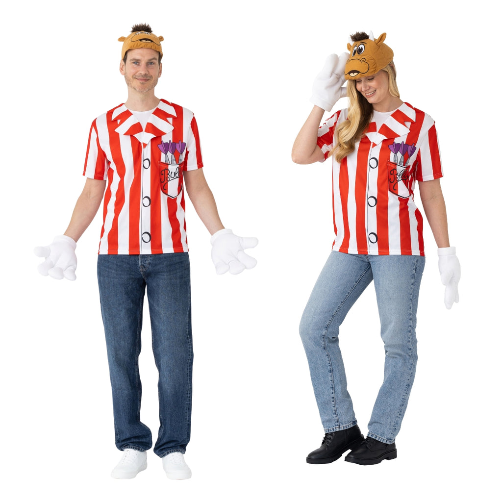 Two people wear the Bullseye Adult Bully Shirt with Padded Head and Padded Gloves by Professional Darts Corporation, posing and smiling in red-and-white stripes and cartoon gloves—ideal for an 80s or Bullseye TV show costume.