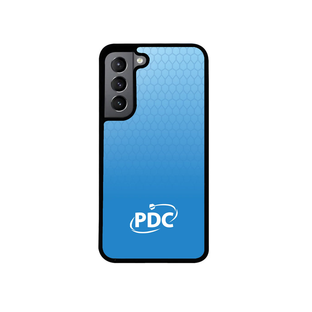 The PDC Light Blue Phone Case by Professional Darts Corporation features a honeycomb pattern, black edges, and a white PDC logo. Its sleek design fits smartphones with three rear cameras and offers durable protection.