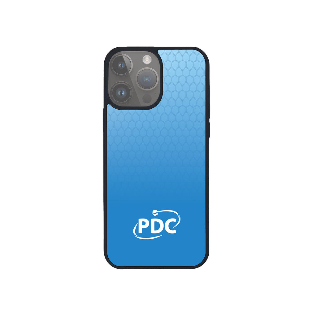The PDC Light Blue Phone Case by Professional Darts Corporation features a subtle hexagonal pattern, durable protection, and a white PDC logo near the bottom center.