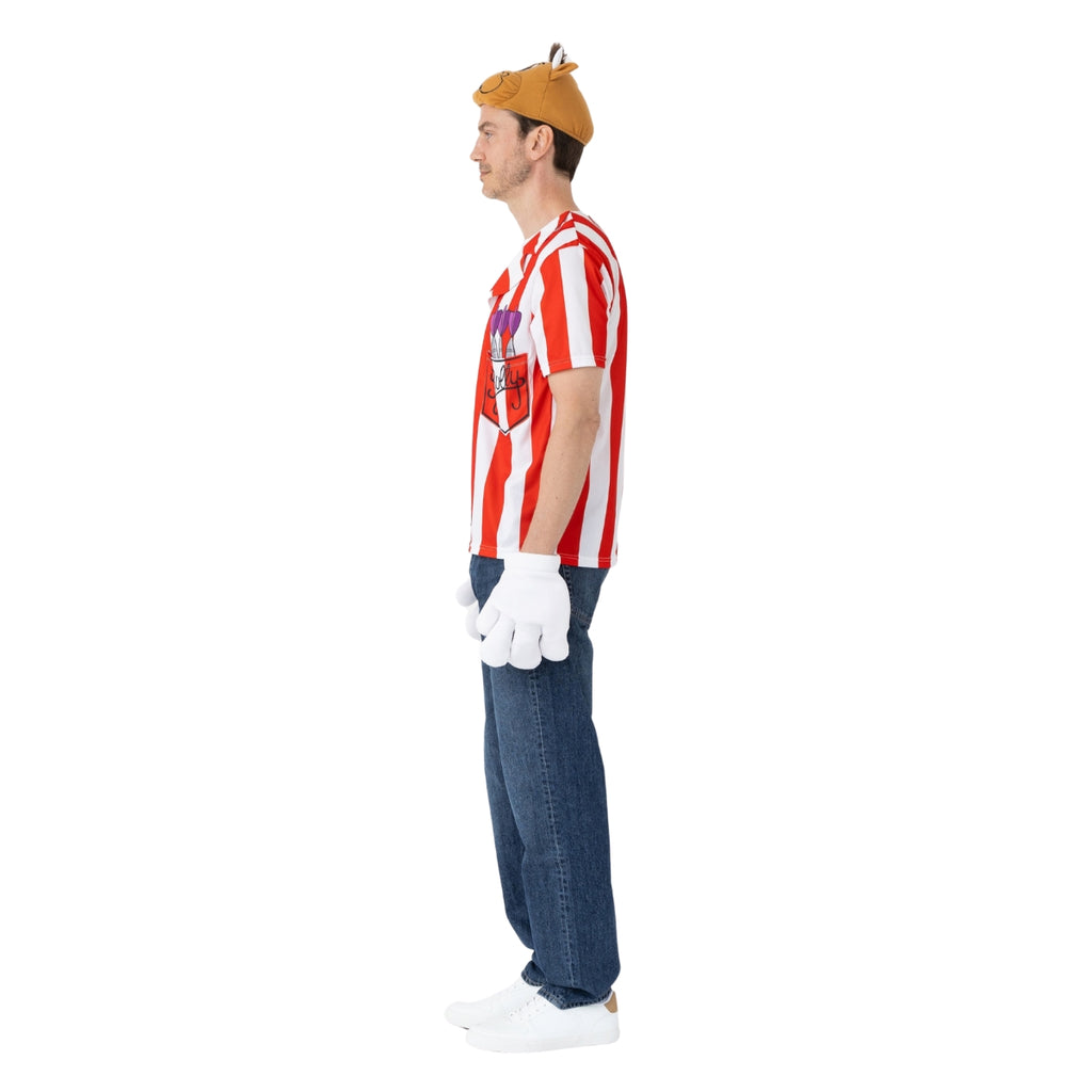 A man in profile wears the Professional Darts Corporation Bullseye Adult Bully Shirt with padded head and gloves, styled like an 80s TV show costume, standing against a plain white background.