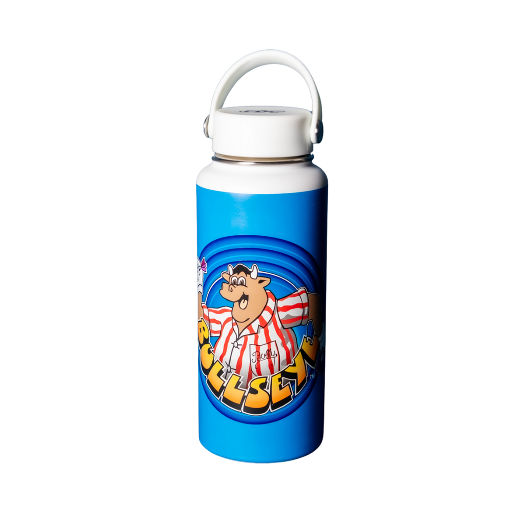 The Bullseye Thermal Flask by Professional Darts Corporation features a cartoon bull in a red and white striped shirt on a white flask with "BULLSEYE" in yellow, set against a blue background.