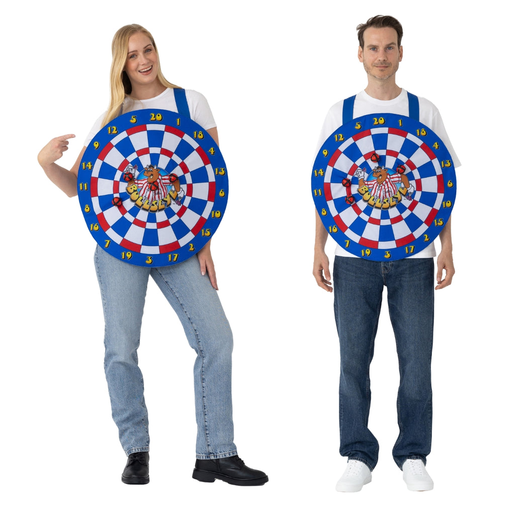 Two people wear Professional Darts Corporation Bullseye Bully Dartboard Tabards with Velcro Balls over white shirts and jeans, channeling 80s TV show style. The woman points to her Official Bullseye Merchandise and smiles; the man stands with hands at his sides.