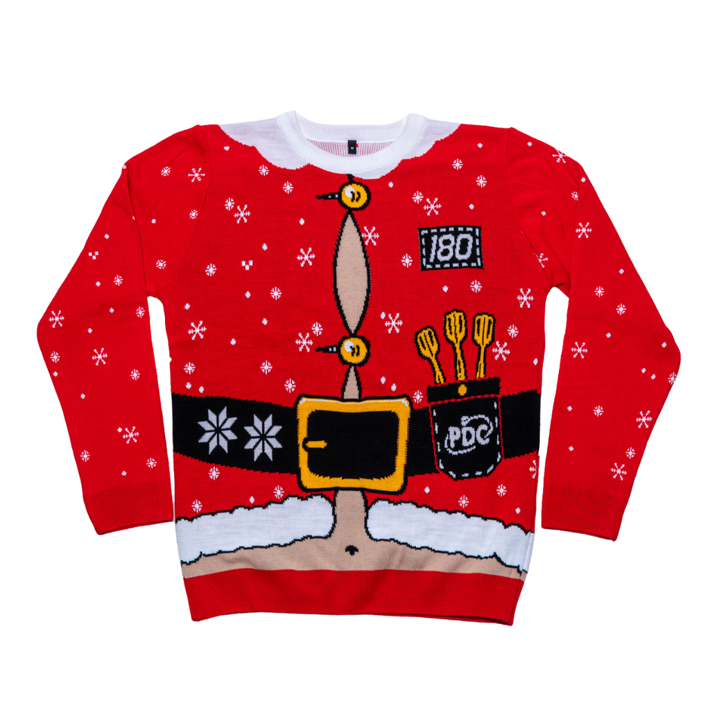 The PDC Santa Jumper by Professional Darts Corporation is a red holiday sweater featuring a cartoon Santa suit, black belt, gold buckle, snowflakes, dartboard score, and a pocket holding three yellow darts.