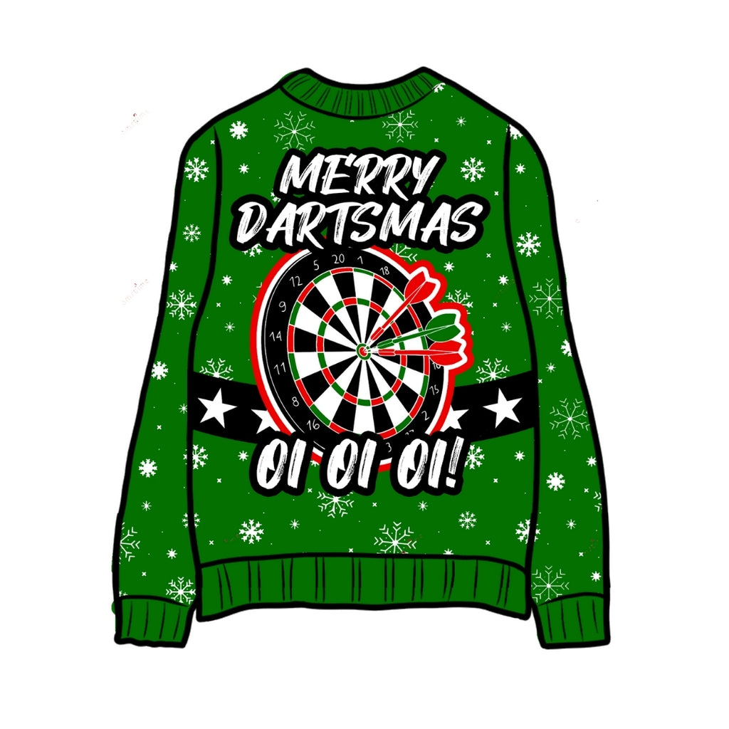 The Professional Darts Corporation PDC Santa Jumper 3 is a green Christmas sweater featuring snowflakes, a dartboard, three darts, and Merry Dartmas above and Oi oi oi! below the dartboard on a festive background.