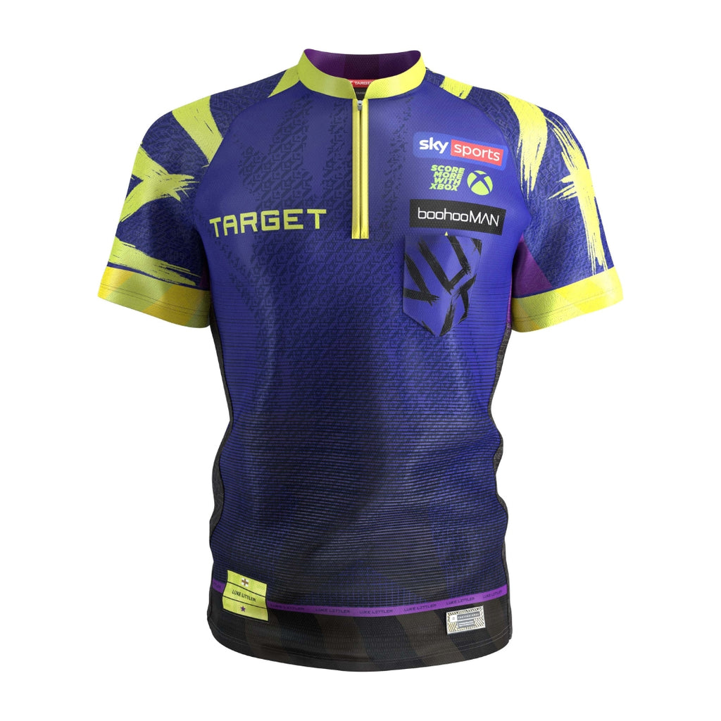 The Luke Littler 2026 Playing Shirt by Professional Darts Corporation is a blue and yellow short-sleeve sports jersey with abstract yellow patterns, a partial zip, and chest sponsor logos including Sky Sports, Xbox, Target, and boohooMAN.