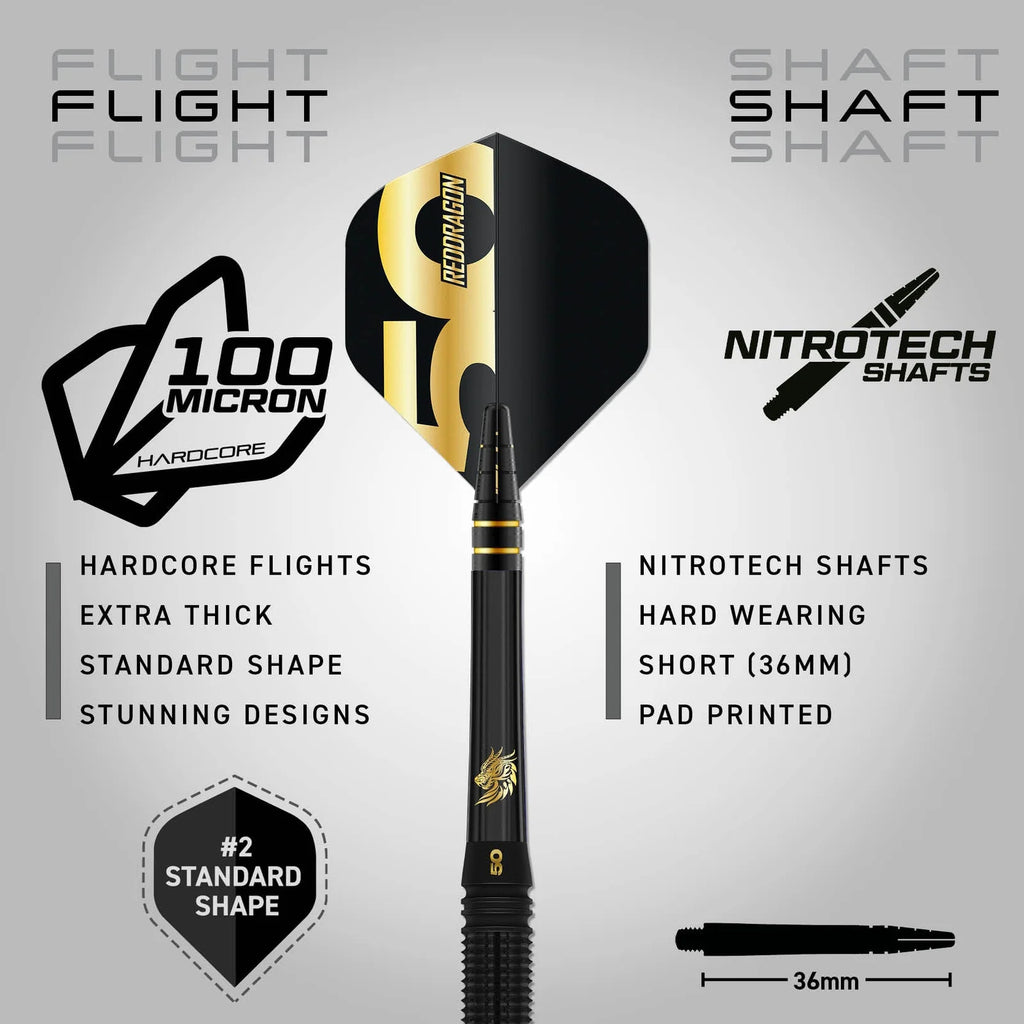 The Jonny Clayton 50 Year Player Edition Box by Professional Darts Corporation features a black and gold 90% tungsten dart with a 100 micron extra thick standard flight, NitroTech 36mm short shaft, hard-wearing build, and striking designs.