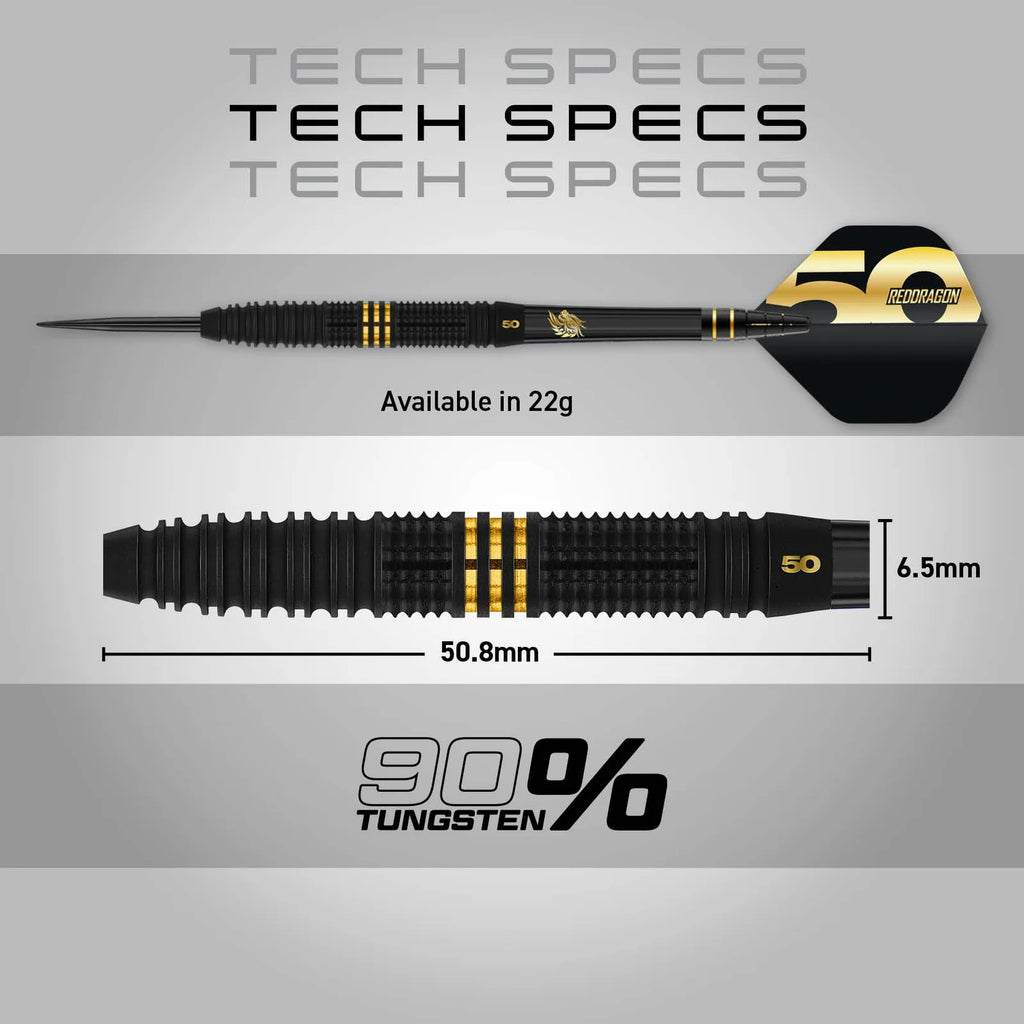 Two views of a black and gold Jonny Clayton 50 Year Player Edition Box dart by Professional Darts Corporation are shown. Marked “50,” this limited edition dart is 50.8mm long, 6.5mm wide, weighs 22g, and made of 90% tungsten. “Tech Specs” appears above.