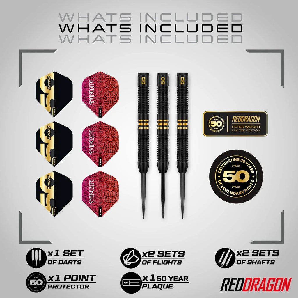 Celebrate the Professional Darts Corporation’s Peter Wright 50 Year Player Edition Box: includes three black and gold darts, six flights (two designs), two sets of shafts, a point protector, and two commemorative plaques.