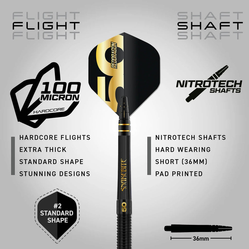 A close-up of the Peter Wright 50 Year Player Edition Box by Professional Darts Corporation shows a limited edition black and gold Snakebite dart with labeled “100 micron hardcore flights,” “Nitrotech shafts,” and “#2 standard shape” plus a 36mm short shaft.
