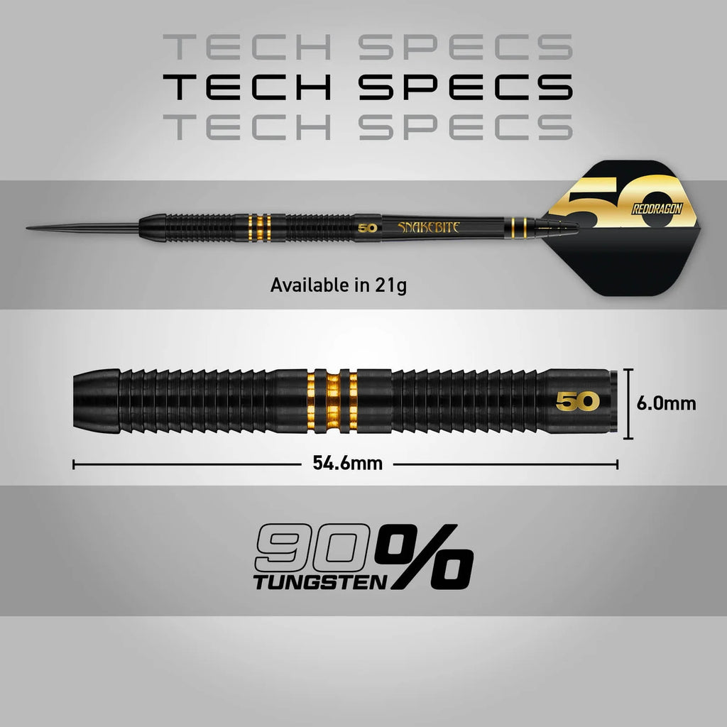 Image showing tech specs for the Peter Wright 50 Year Player Edition Box dart by Professional Darts Corporation: black and gold, 54.6mm long, 6.0mm wide, 21g, 90% tungsten. "Scorpion" is featured on the flights.