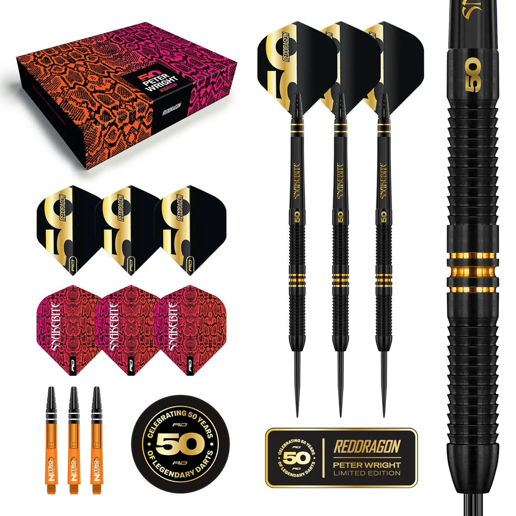 The Peter Wright 50 Year Player Edition Box by Professional Darts Corporation includes three black and gold darts, extra flights and shafts, a 50th anniversary badge, Red Dragon card, and a red patterned presentation box.