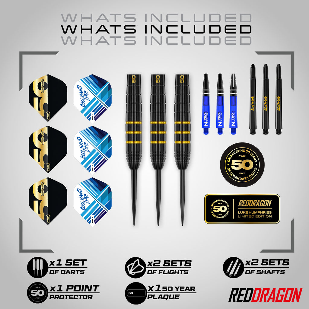 The Professional Darts Corporation Luke Humphries 50 Year Player Edition Box includes 3 darts, 6 black and blue flights, 6 shafts, a point protector, a 50-year plaque, and certificate on a gray background with product details.