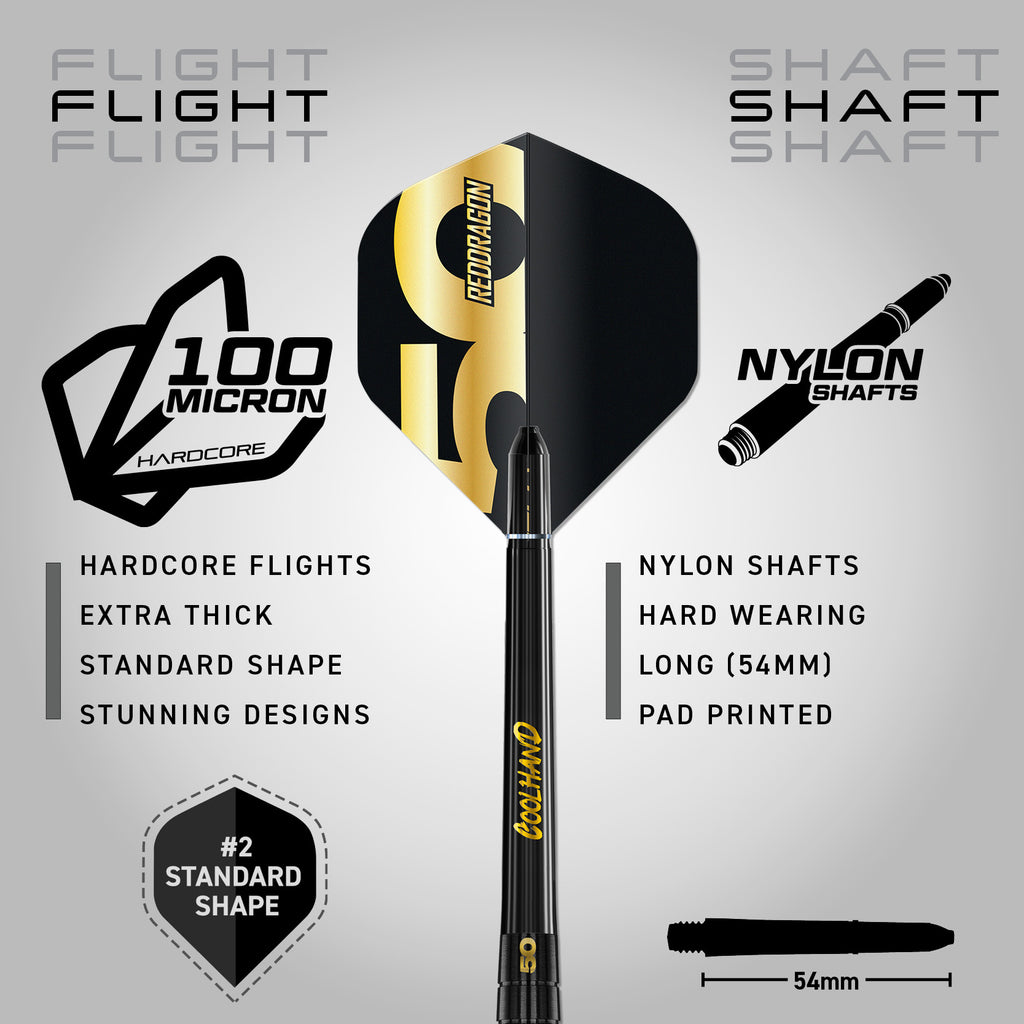 The Luke Humphries 50 Year Player Edition Box by Professional Darts Corporation features a black and gold dart with a hard-wearing nylon shaft, standard 100 micron thick flight, 54mm length, extra thickness, and a stunning design.