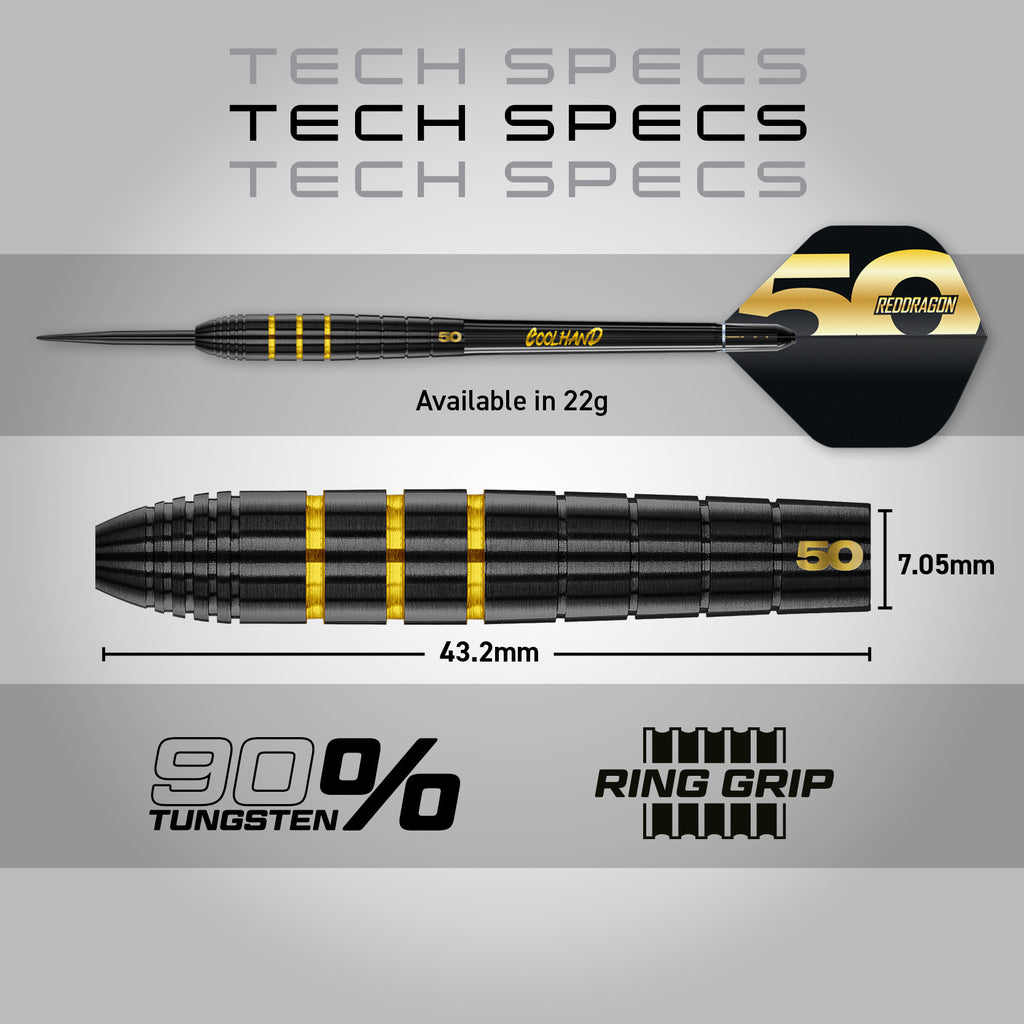 The Luke Humphries 50 Year Player Edition Box by Professional Darts Corporation features a black and gold dart, 22g, 43.2mm length, 7.05mm diameter, 90% tungsten, ring grip design.