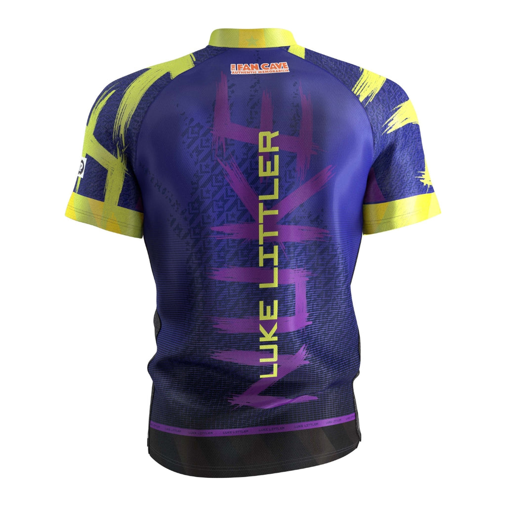 The Luke Littler 2026 Playing Shirt by Professional Darts Corporation features blue, purple, and yellow abstract designs plus bold vertical LUKE LITTLER lettering on the back—ideal for any PDC World Darts Champion fan.