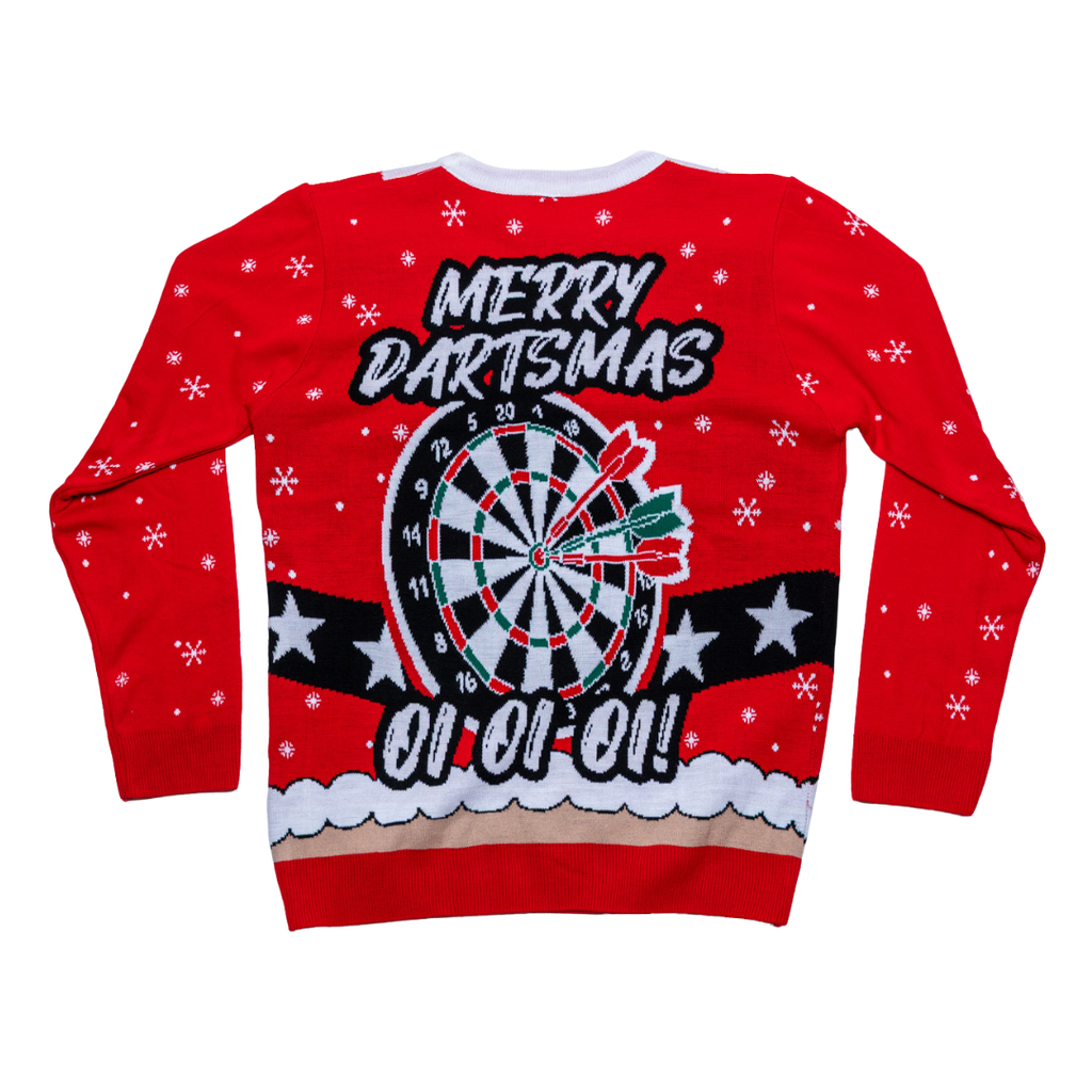 The PDC Santa Jumper by Professional Darts Corporation is a red Christmas sweater with white snowflakes, a dartboard and darts, black and white stars, plus "Merry Dartsmas" and "Oi Oi Oi!!" on the back.