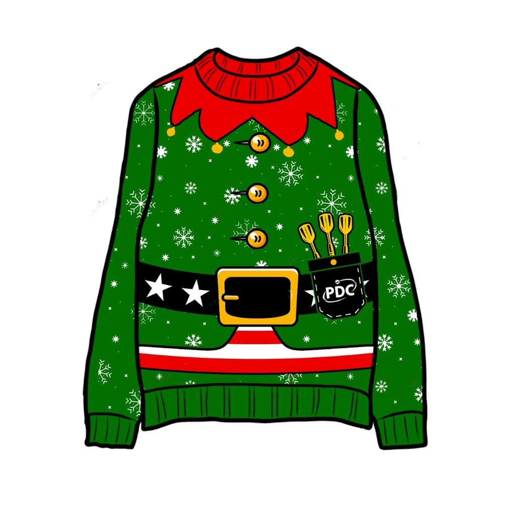 The Professional Darts Corporation PDC Santa Jumper 3 is a festive green Christmas sweater with white snowflakes, gold buttons, a red collar, black belt with gold buckle, and a pocket holding three darts and a PDC-labeled black case.