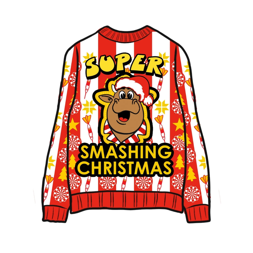 The Bullseye Xmas Jumper by Professional Darts Corporation features red, white, and yellow patterns with a cartoon reindeer in a Santa hat and scarf, plus the text “SUPER SMASHING CHRISTMAS.”.