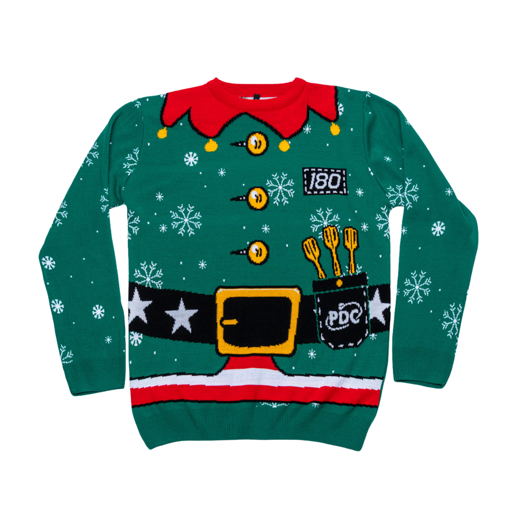 The Professional Darts Corporation PDC Elf Jumper is a green Christmas sweater with a festive elf design, yellow buttons, red collar, printed belt, snowflakes, pocket with darts, and a 180! score patch.