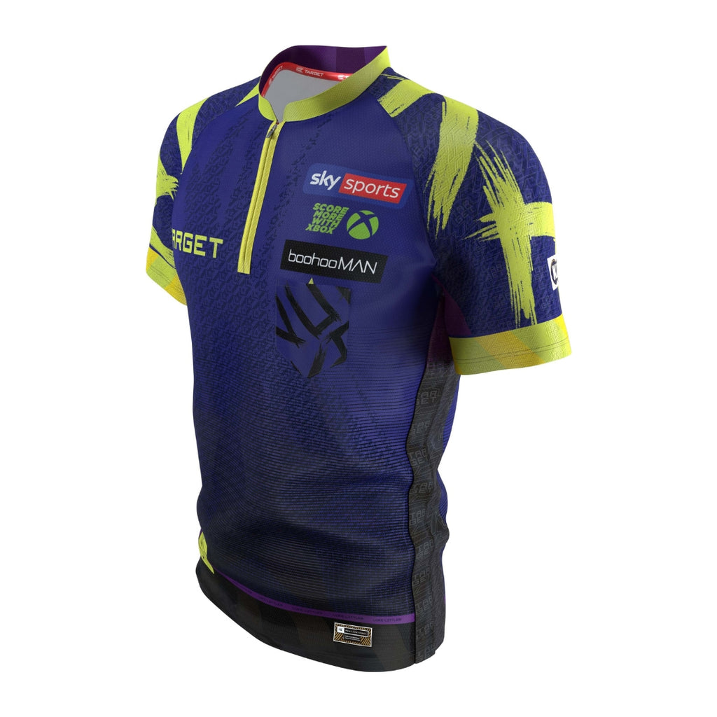 The Luke Littler 2026 Playing Shirt by the Professional Darts Corporation features blue and purple tones, neon yellow accents, sponsor logos, and abstract brushstroke patterns—perfect for PDC World Darts Champion fans.
