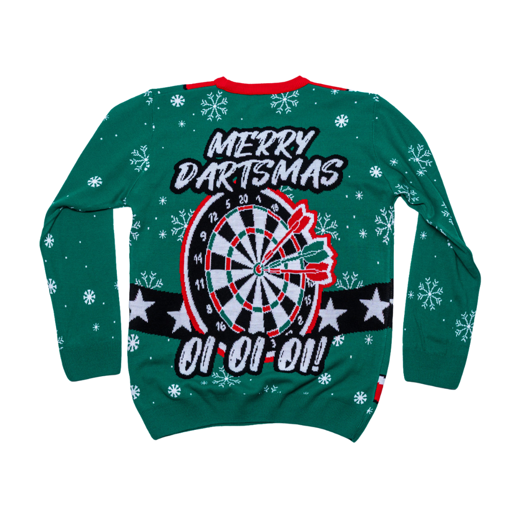 The PDC Elf Jumper by Professional Darts Corporation is a green holiday sweater featuring snowflakes, a dartboard design with three darts, and “Merry Dartsmass” plus “Oi Oi Oi!” on the back.