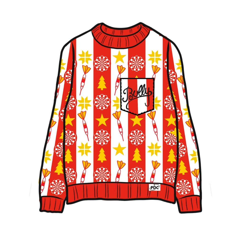 The Bullseye Xmas Jumper by Professional Darts Corporation features red and white vertical stripes with yellow stars, Christmas trees, lollipops, and carrots. The pocket is decorated with Jolly.